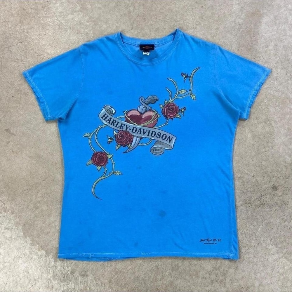 Vintage Y2K Harley Davidson Shirt Women's‎ Large Blue Traditional Heart Dagger